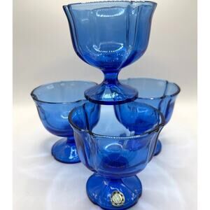 Vintage Mitani Japan Blue Glass Dessert/Coupe Pedestal Bowls 1970s/80s Set of 4